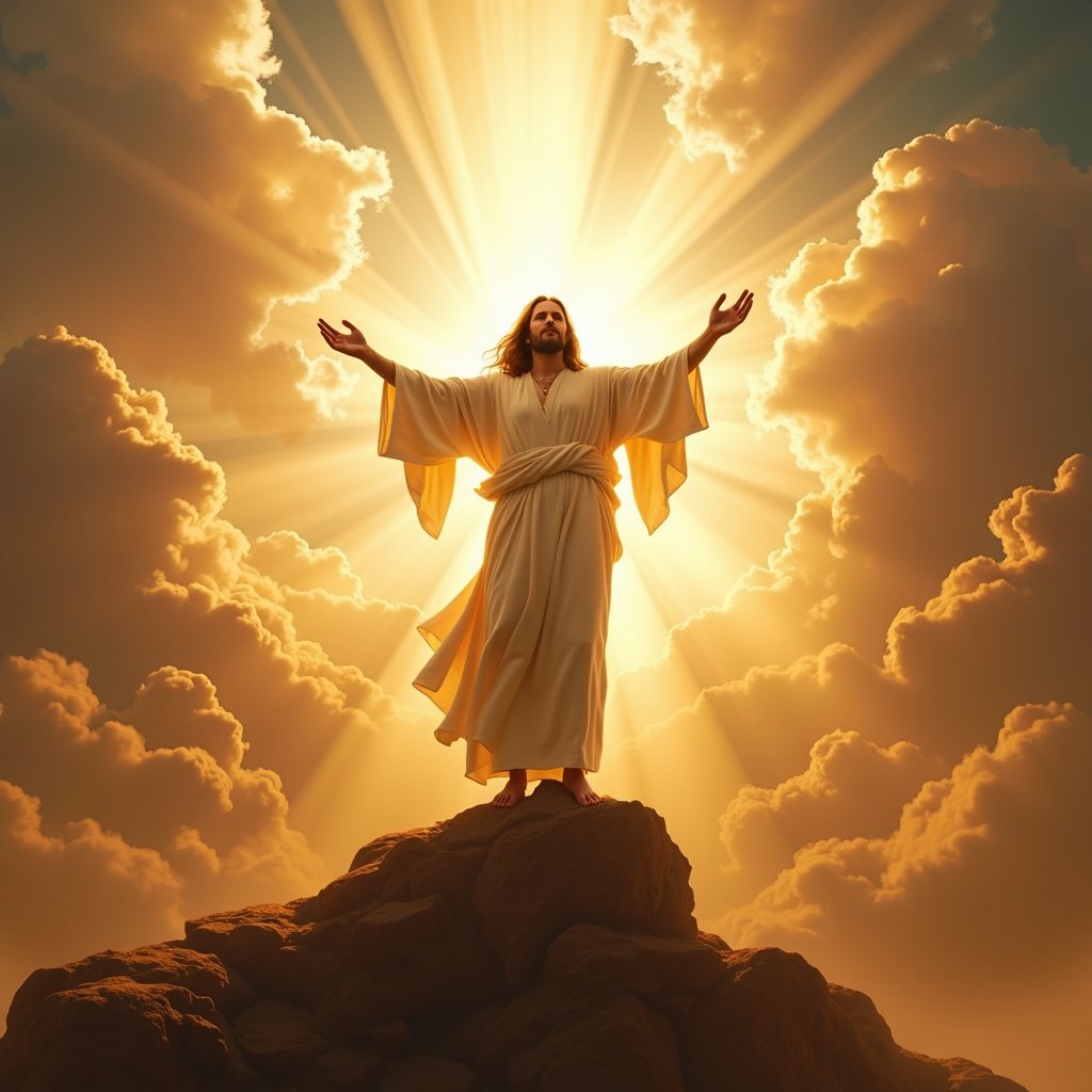 The image depicts Jesus ascending to heaven, surrounded by heavenly clouds and radiant light. He stands on a rock with his arms outstretched in a welcoming gesture, symbolizing hope and divine ascension. The background is filled with soft, golden hues, creating an ethereal atmosphere. This scene captures a moment of spiritual significance and triumph. The overall composition conveys feelings of peace and reverence.