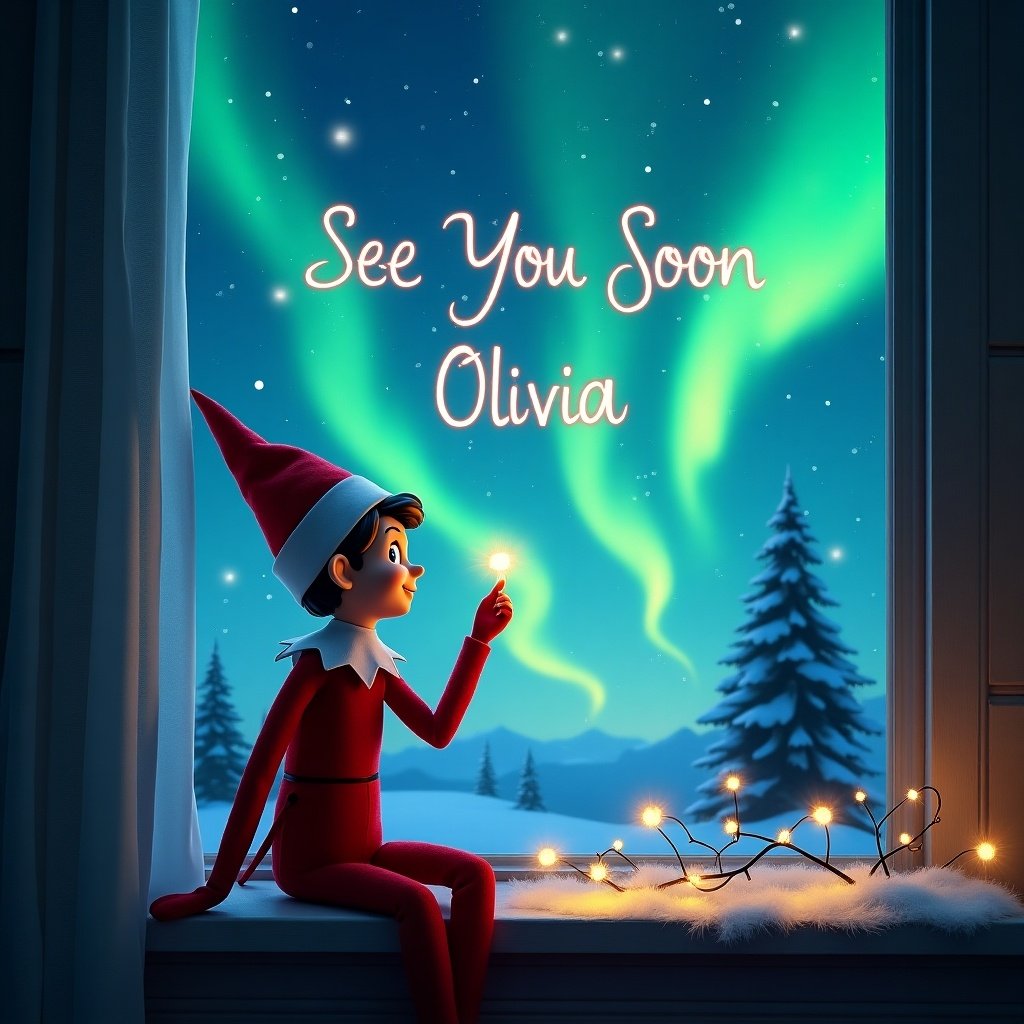 The image depicts an adorable elf sitting by a snowy window. The elf wears a traditional red outfit and hat, looking out at the mesmerizing northern lights. Above the elf, the phrase 'See You Soon Olivia' is beautifully written in glowing text. The setting is cozy, with twinkling lights draped around the elf, enhancing the magical atmosphere. The snowy landscape outside adds to the wintery charm, making it perfect for holiday-themed content.