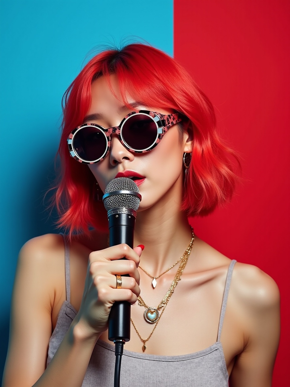 The image showcases a stylish individual with striking red hair and bold sunglasses, holding a microphone. The background is split into contrasting blocks of blue and red, adding to the dynamic energy of the image. The subject's accessorized look with layered necklaces and a confident pose suggests a theme of music and contemporary fashion.