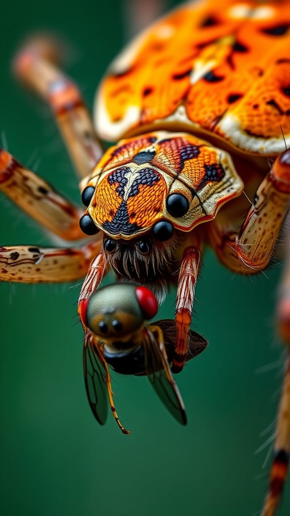 This image captures a close-up of a spider holding its prey, a small fly. The spider displays striking orange and black patterns on its body, creating a vibrant contrast with the soft green background. The intricate details on the spider's body and the fly's red eyes are highlighted by the image's sharp focus.