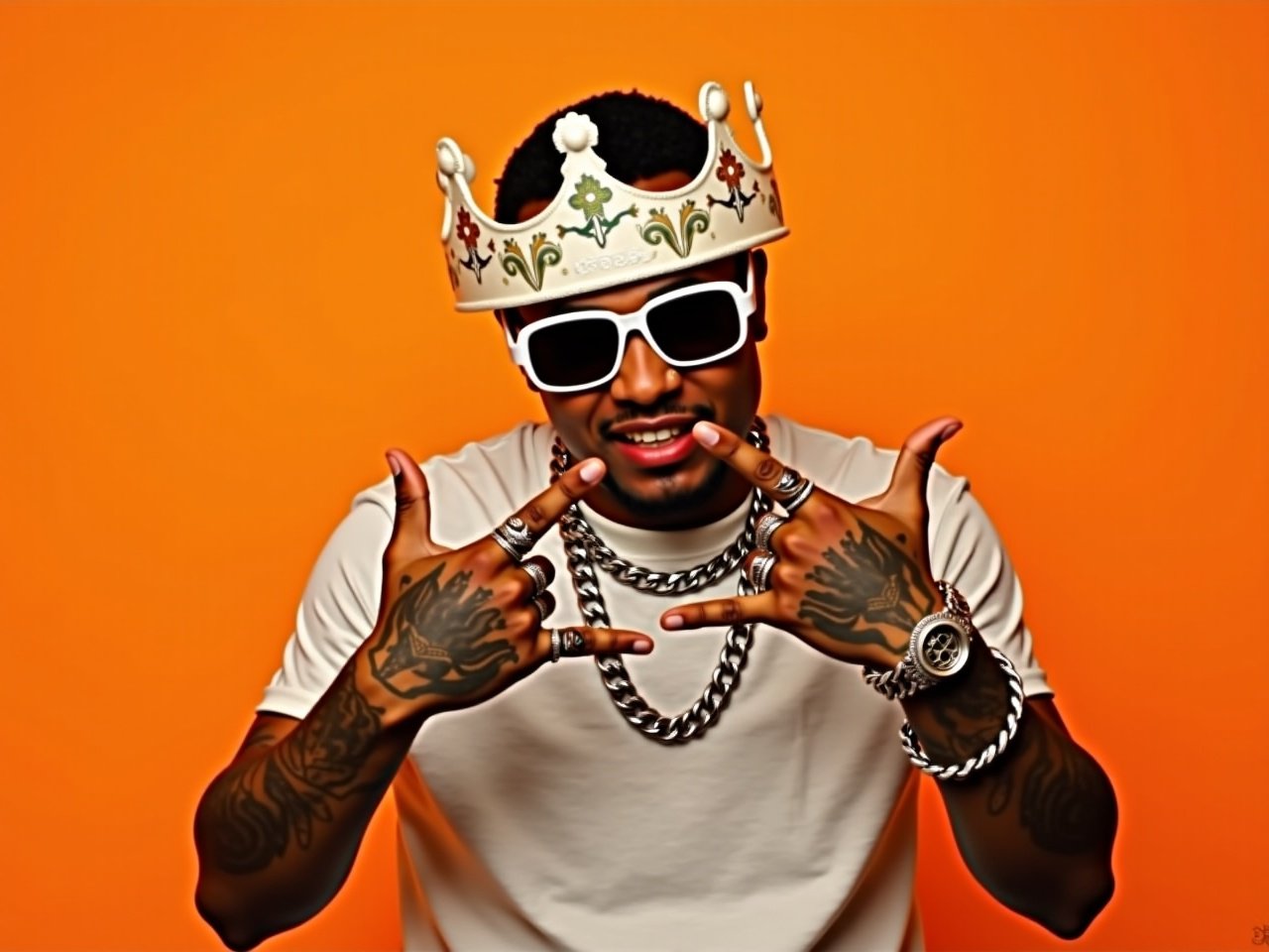 The image features a person posing confidently against a vibrant orange background. He wears a decorative crown adorned with floral designs, showcasing a unique sense of style. His sunglasses are bold and angular, giving him an edgy appearance. The person has multiple tattoos visible on his arms and hands, displaying intricate designs. He accessorizes with a chunky silver chain and several rings, adding to his fashionable look. His expression is cool and composed, and his hand gestures suggest a sense of pride and attitude.