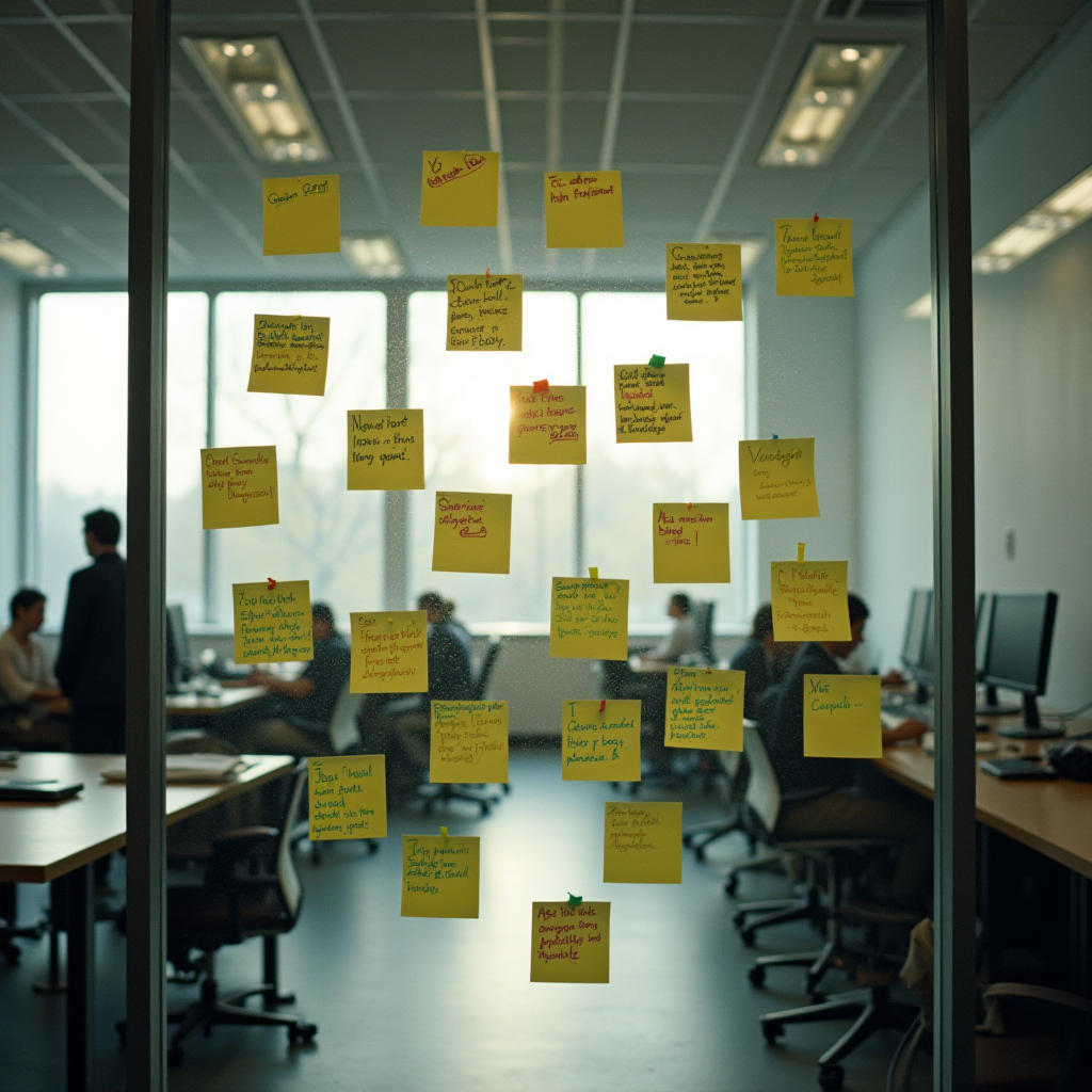 A glass office wall covered with various colorful sticky notes.