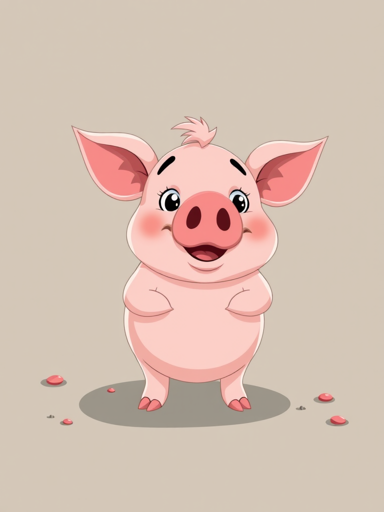 This image features a cheerful, animated piglet standing with a smile and big eyes.