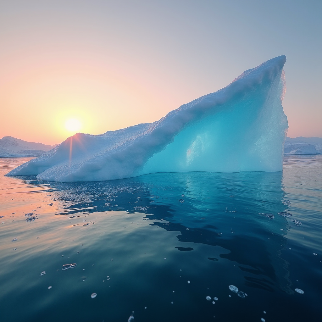 A serene sunset over an iceberg floating in calm waters.