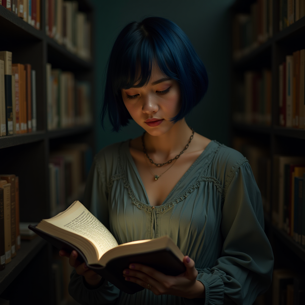 A woman with blue hair reads a glowing book in a dimly lit library aisle, wearing a green blouse and a necklace.