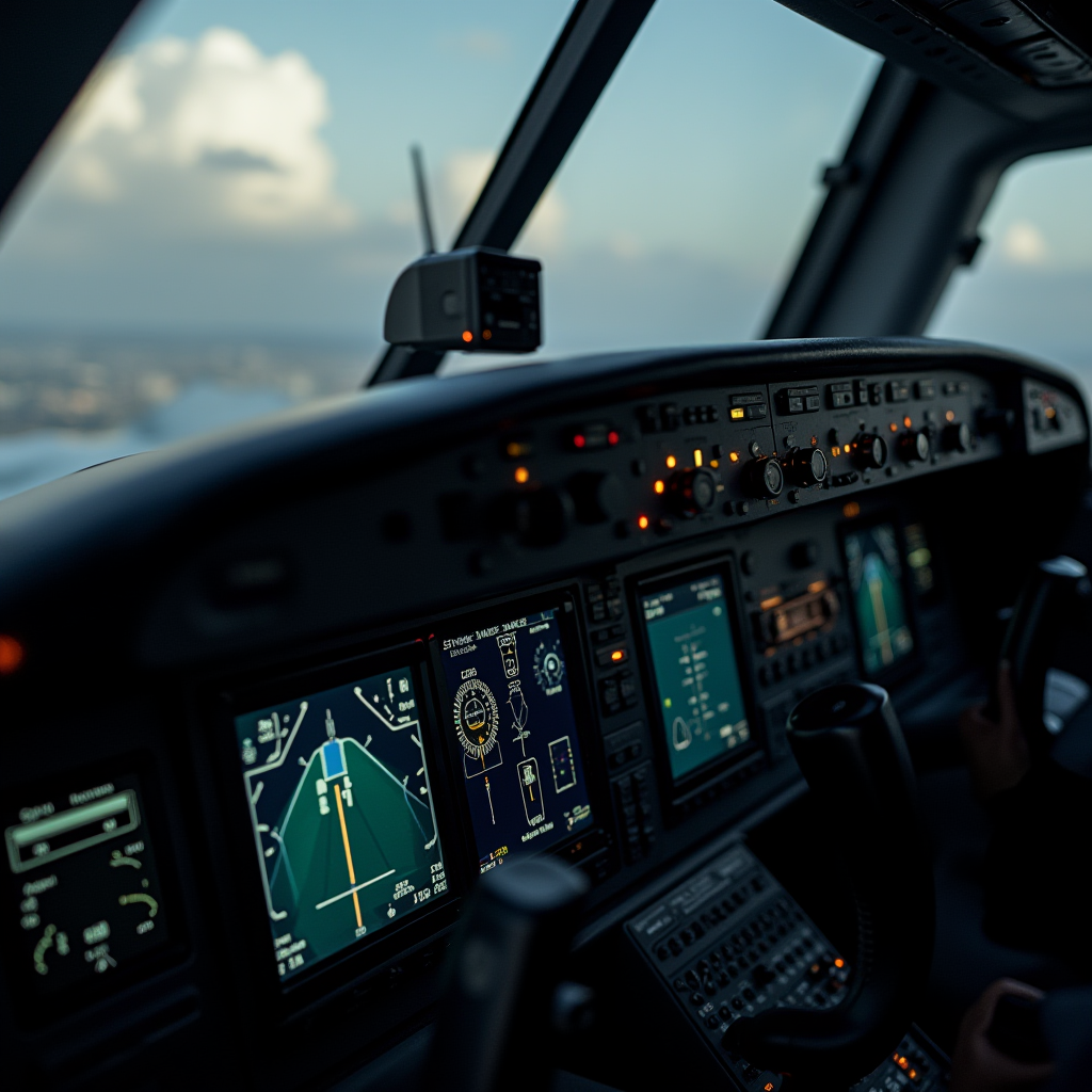 Inside a cockpit with illuminated digital flight instruments and controls.