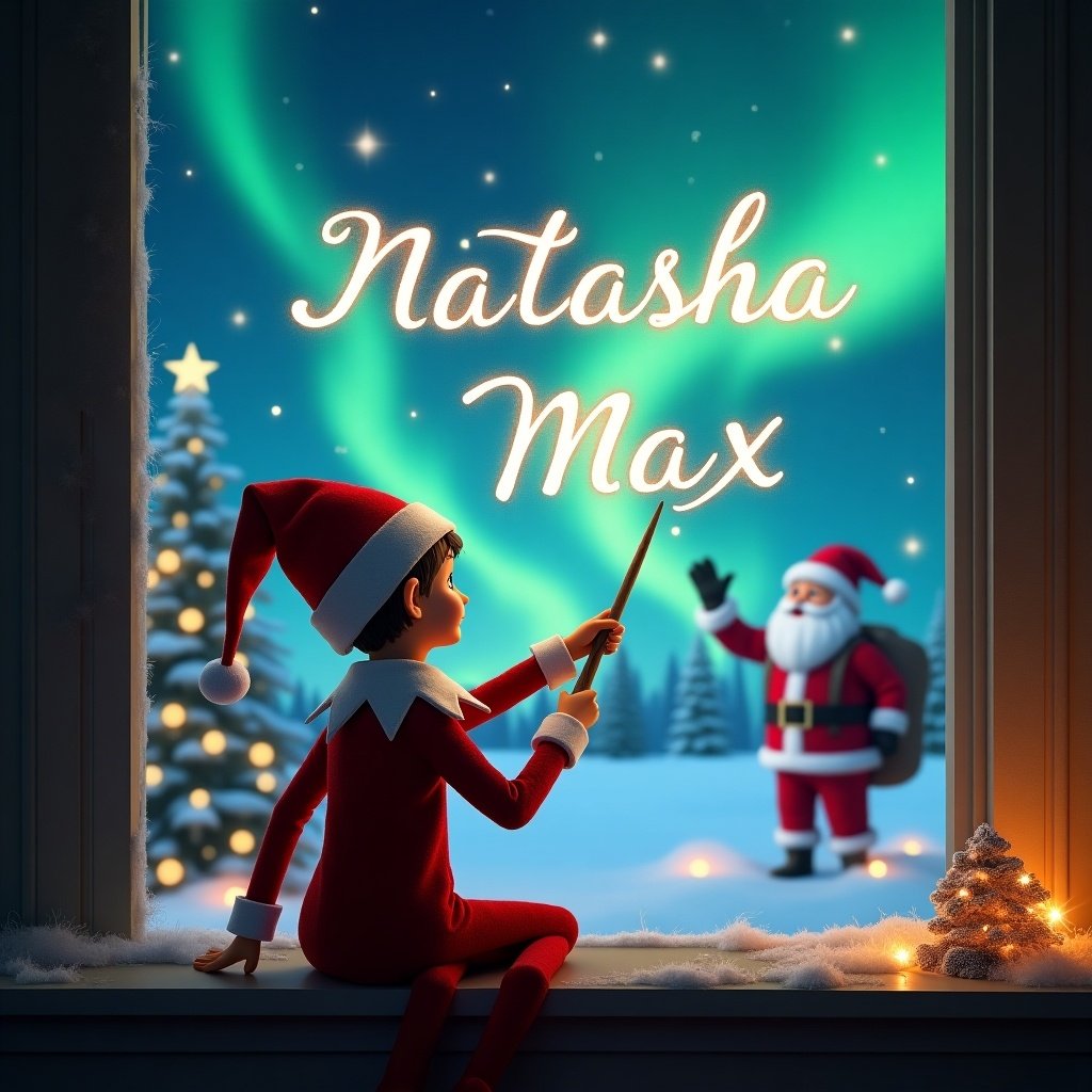 An enchanting Christmas scene features an elf on the shelf with his back to the viewer, gazing up at a magical sky. The elf is using a wand to elegantly write the names 'Natasha' and 'Max' in the air. In the background, the landscape is illuminated by beautiful northern lights and adorned with a Christmas tree sparkling with lights. Santa Claus is visible in the distance, creating a whimsical and festive atmosphere. Snow gently covers the window ledge, adding to the cozy feel of the scene.