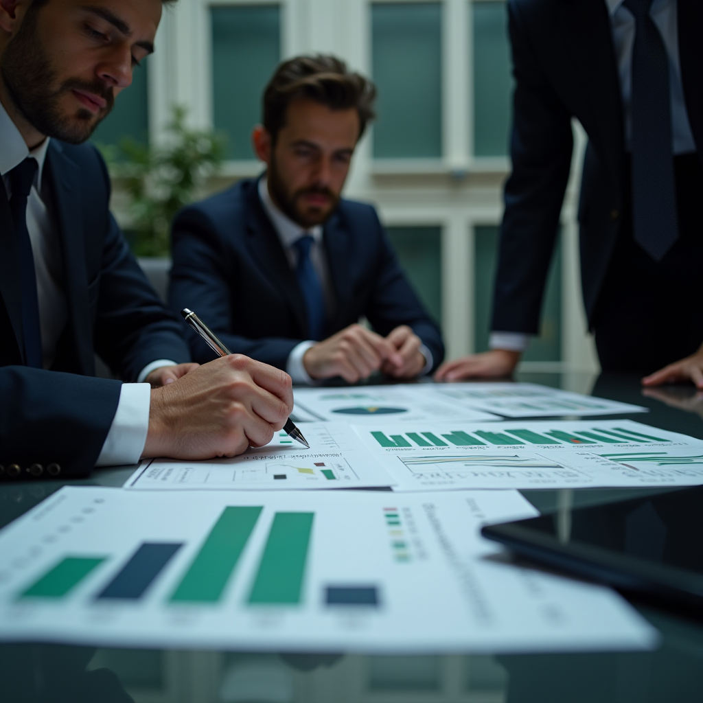 Business professionals analyzing graphs and charts during a meeting.