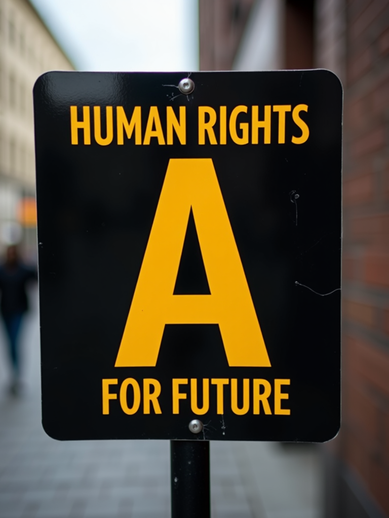 A black sign with yellow text, reading 'Human Rights A for Future,' is displayed on a street.