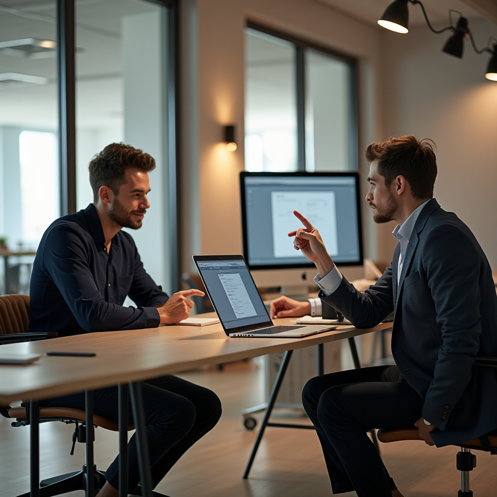 Two men in business attire are discussing something at a table in a modern office setting, pointing at a laptop screen.