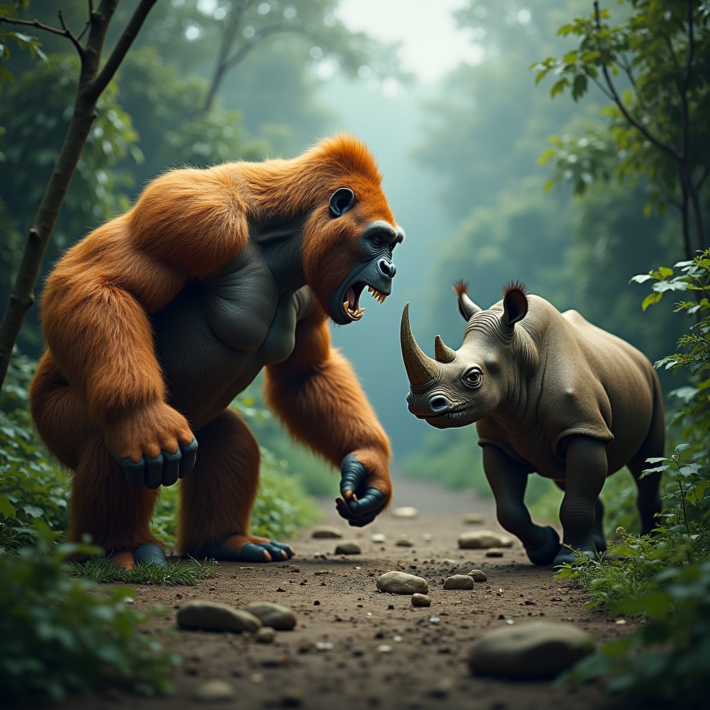 This image creates a dramatic scene featuring a powerful gorilla and a fierce rhino in an intense face-off. The gorilla is depicted with a strong muscle definition, beating its chest, showcasing aggression. The rhino stands poised to charge, its horn pointed forward, ready for the encounter. The background features a stormy sky, adding tension to the atmosphere, while the rocky terrain highlights a wild setting. The clash between these two formidable animals emphasizes raw power and natural instincts.