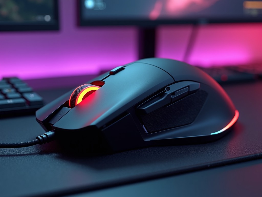 RGB gaming mouse with red lighting on a desk, keyboard in the background, ambient pink and purple lighting