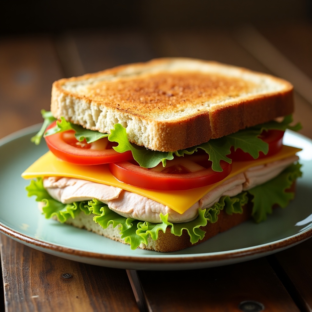 This image features a beautifully arranged sandwich made with layers of turkey and cheese. The bread is toasted to a golden brown, providing a crunchy texture. Inside the sandwich, you'll find fresh slices of iceberg lettuce and tomato, adding a burst of color and freshness. Each ingredient is visible, showcasing the sandwich's hearty composition. This close-up shot captures the inviting nature of a delicious turkey and cheese lunch option. Perfect for anyone looking for a quick and healthy meal idea.