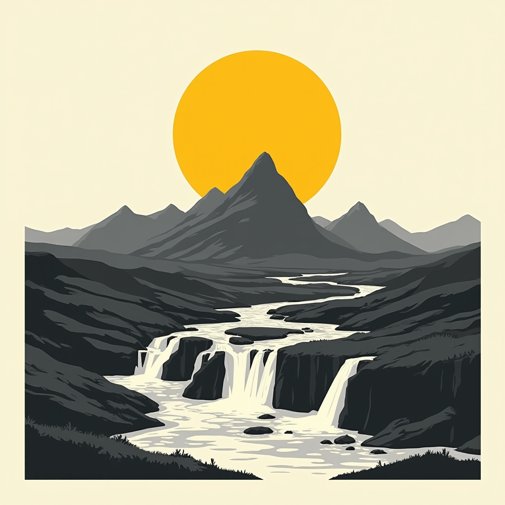 The image depicts a stylized landscape with a large yellow sun hovering over a series of cascading waterfalls set amidst dark mountain silhouettes.