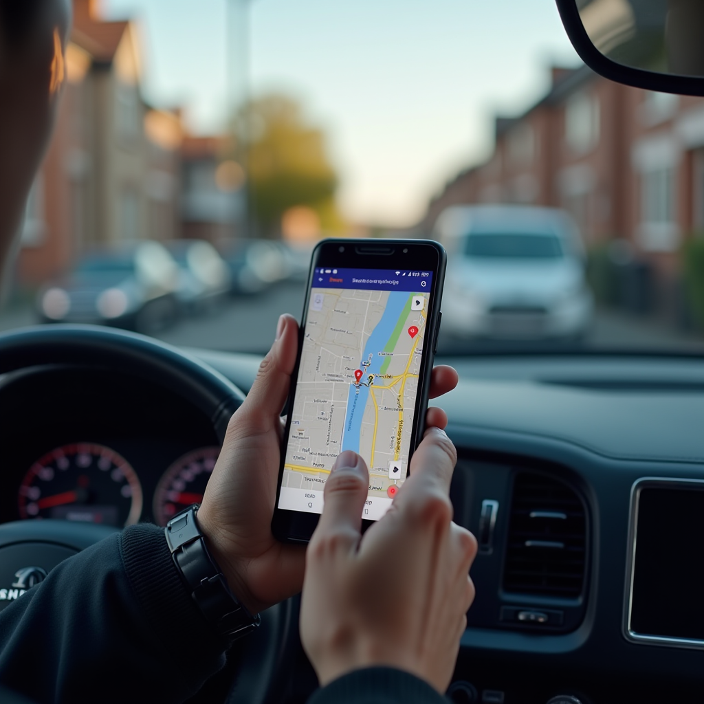 A person in a car is using a smartphone with a map app open, showing their current location in a residential area.