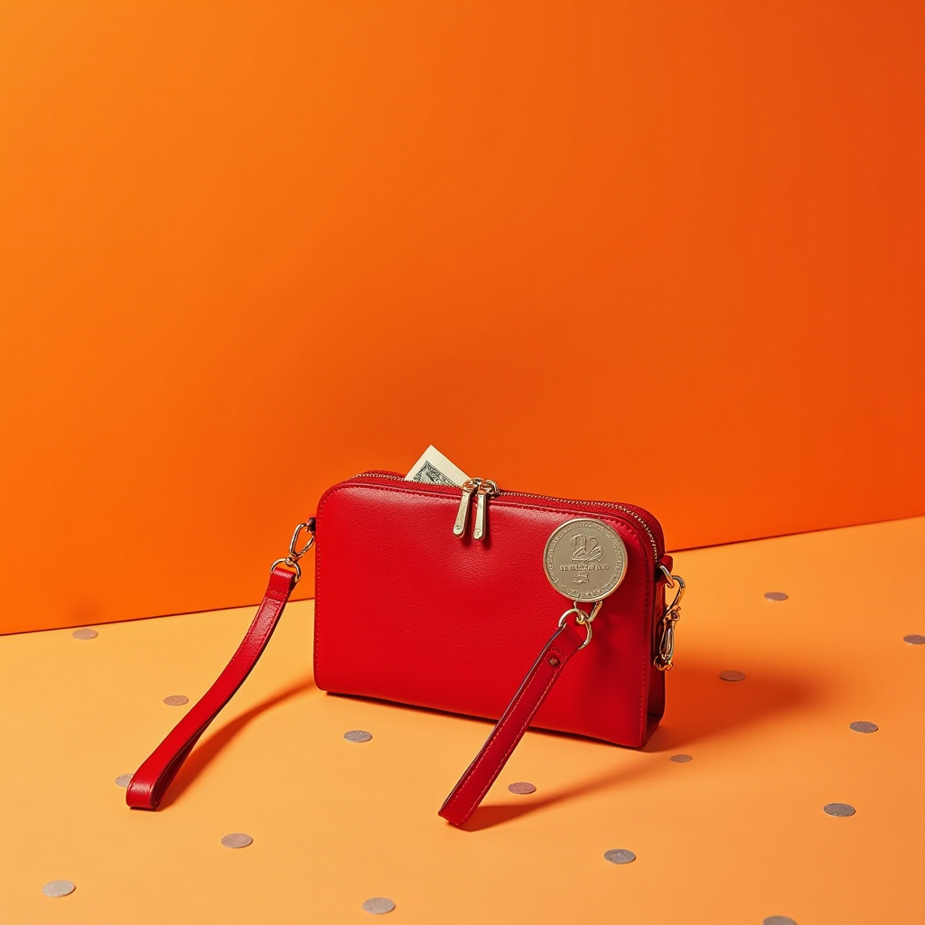 A vibrant red purse with a unique keychain, set against a striking orange background.