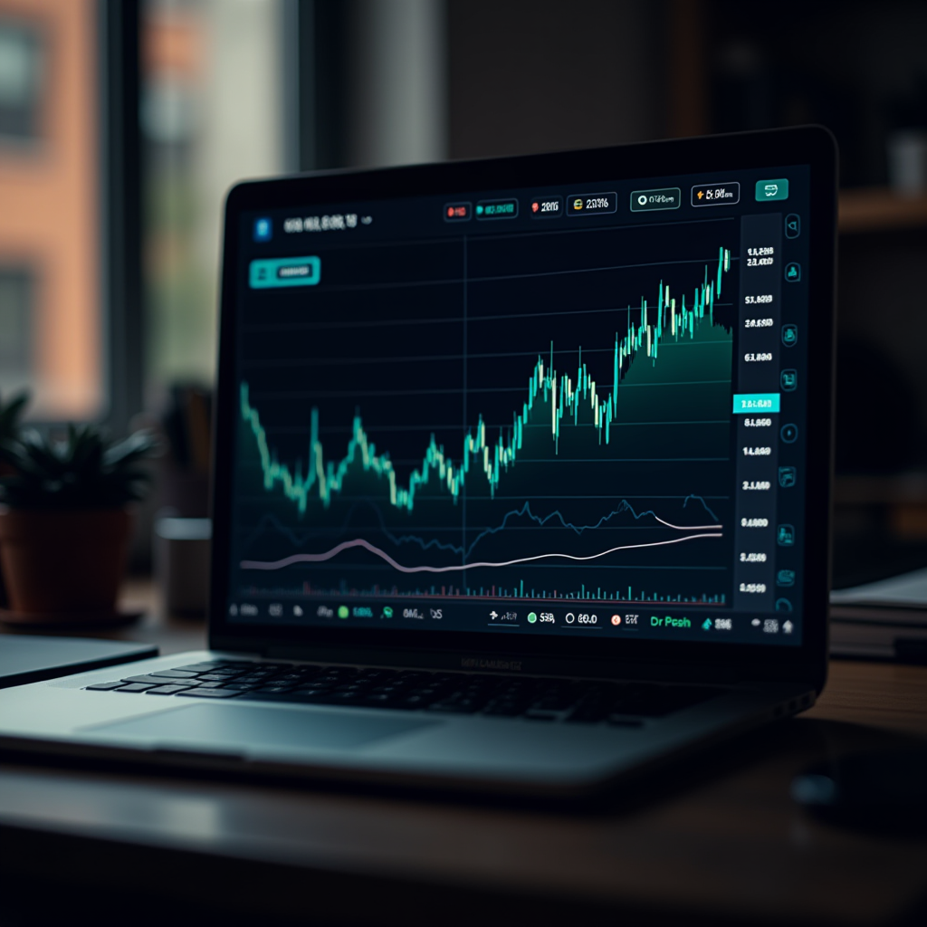 A laptop displays a financial chart, showing an upward trend in a dimly lit room.