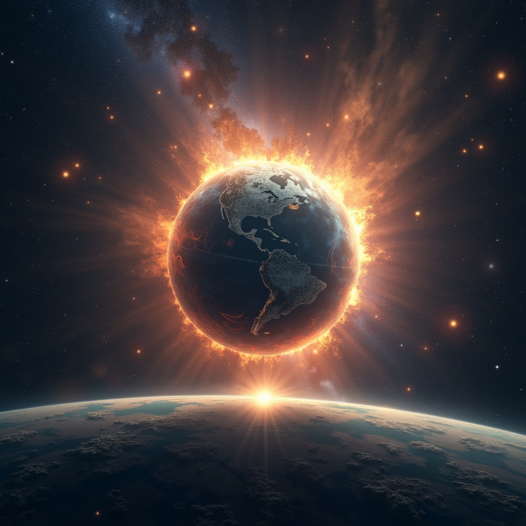 The image depicts a breathtaking view of Earth from space. The planet is enveloped in flames, with a dramatic fiery glow surrounding it. The background is filled with deep space, twinkling stars, and cosmic dust. As the sun rises on the horizon, it casts a warm golden light. This striking celestial composition captures the beauty and wonder of the universe.