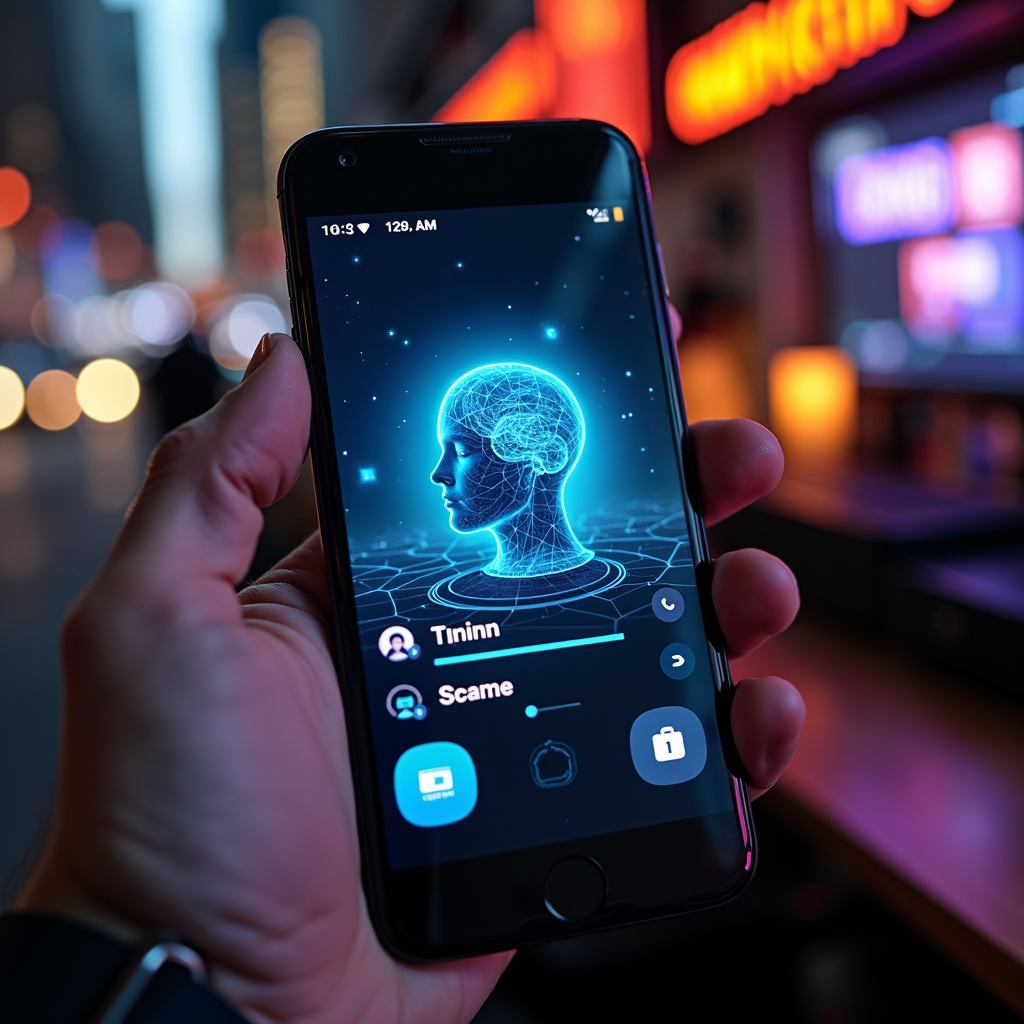 A futuristic phone interface displaying a digital head in a cityscape at night.