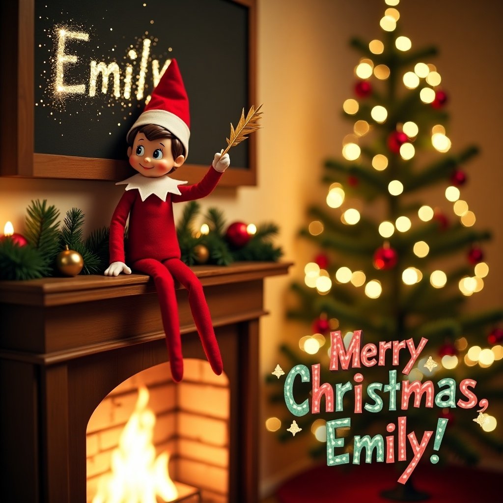 A cheerful Christmas card featuring a mischievous Elf on the Shelf perched on a wooden mantle. The elf is holding a golden quill, writing the name "Emily" in shimmering stardust above a glowing fireplace. Behind the elf, a beautifully decorated Christmas tree sparkles with fairy lights and ornaments. The words "Merry Christmas, Emily!" appear at the bottom in playful red and green lettering. This scene encapsulates the warmth and joy of the holiday season with its vibrant colors and festive elements.