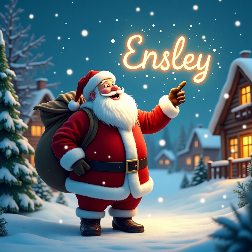 In this enchanting winter scene, Santa Claus, wearing his iconic red suit with a fluffy white beard and a large sack, stands in a snowy village. He points up at the sky, where he magically writes the name 'Ensley' with glowing light. Snowflakes gently fall around him, and charming wooden houses with warm lights can be seen in the background, surrounded by evergreen trees. The atmosphere is festive and joyful, perfectly capturing the spirit of Christmas. This image embodies the wonder of the holiday season, evoking feelings of happiness and nostalgia.