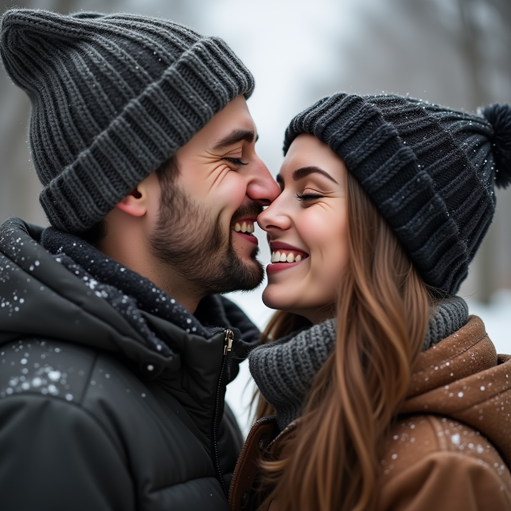 A couple in beanies share a joyful moment in the snow.