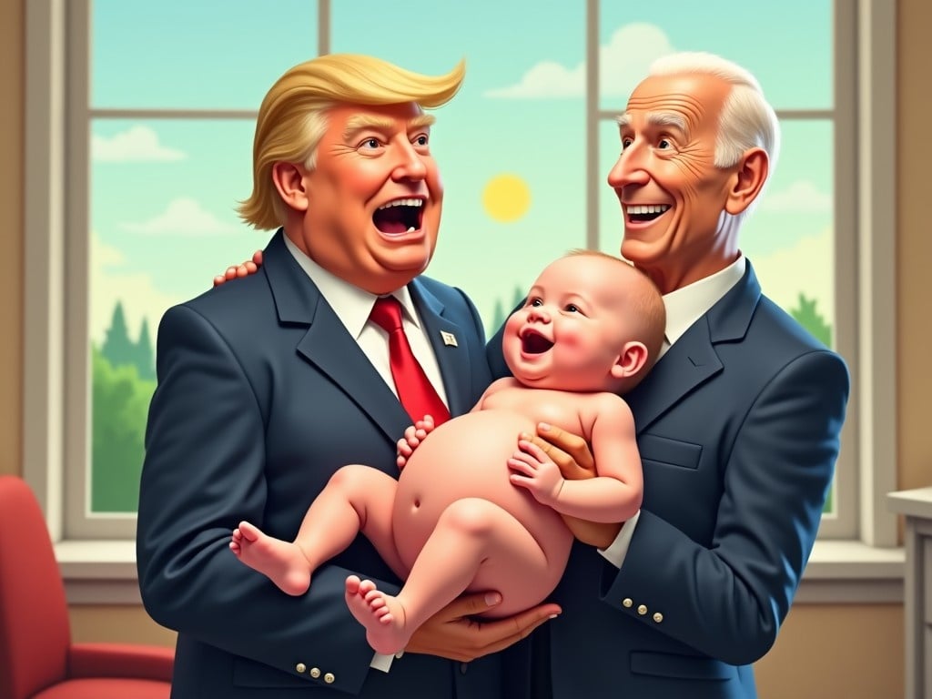 This image depicts a whimsical scene featuring two prominent political figures, Donald Trump and Joe Biden, engaging in a humorous interaction. Trump is depicted with a playful expression, showcasing a mock baby bump as Biden holds him affectionately in his arms. The setting is bright and inviting, with a sunny backdrop visible through a window. Biden's expression conveys a sense of pride and camaraderie. The tone of the artwork leans towards satire, capturing a light-hearted perspective on political figures. It invites viewers to ponder the humorous side of political dynamics in a playful manner.