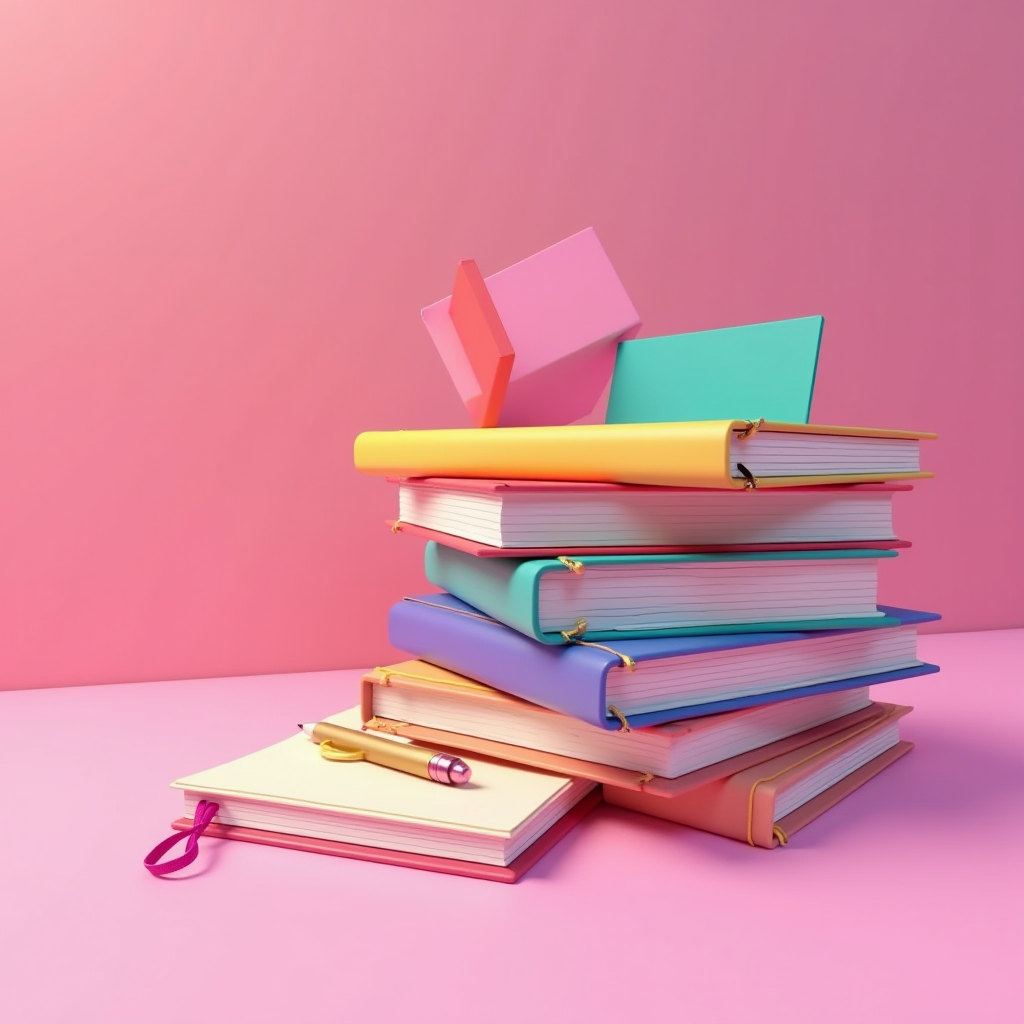 A stack of colorful books and notebooks set against a gradient pink background.