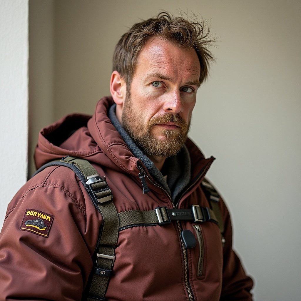 The image depicts a man wearing a warm brown jacket with a rugged style. He has a beard and is looking thoughtfully into the distance. The background is neutral, emphasizing his focus. This setting suggests a cold environment, perfect for outdoor adventures. The man's expression conveys a sense of contemplation and readiness for exploration.