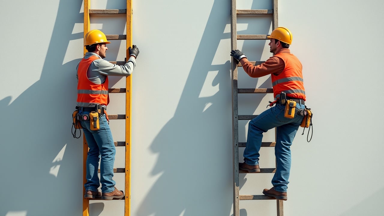 This image depicts a photorealistic scene where two workers are climbing a wall using different ladders. The worker on the left is using a ladder with widely spaced rungs, making it difficult for him to climb. In contrast, the worker on the right is using a ladder with closely spaced rungs, which allows him to climb easily. Both workers are wearing helmets and safety vests, emphasizing construction safety. The background is plain to keep the focus on the workers and their actions.