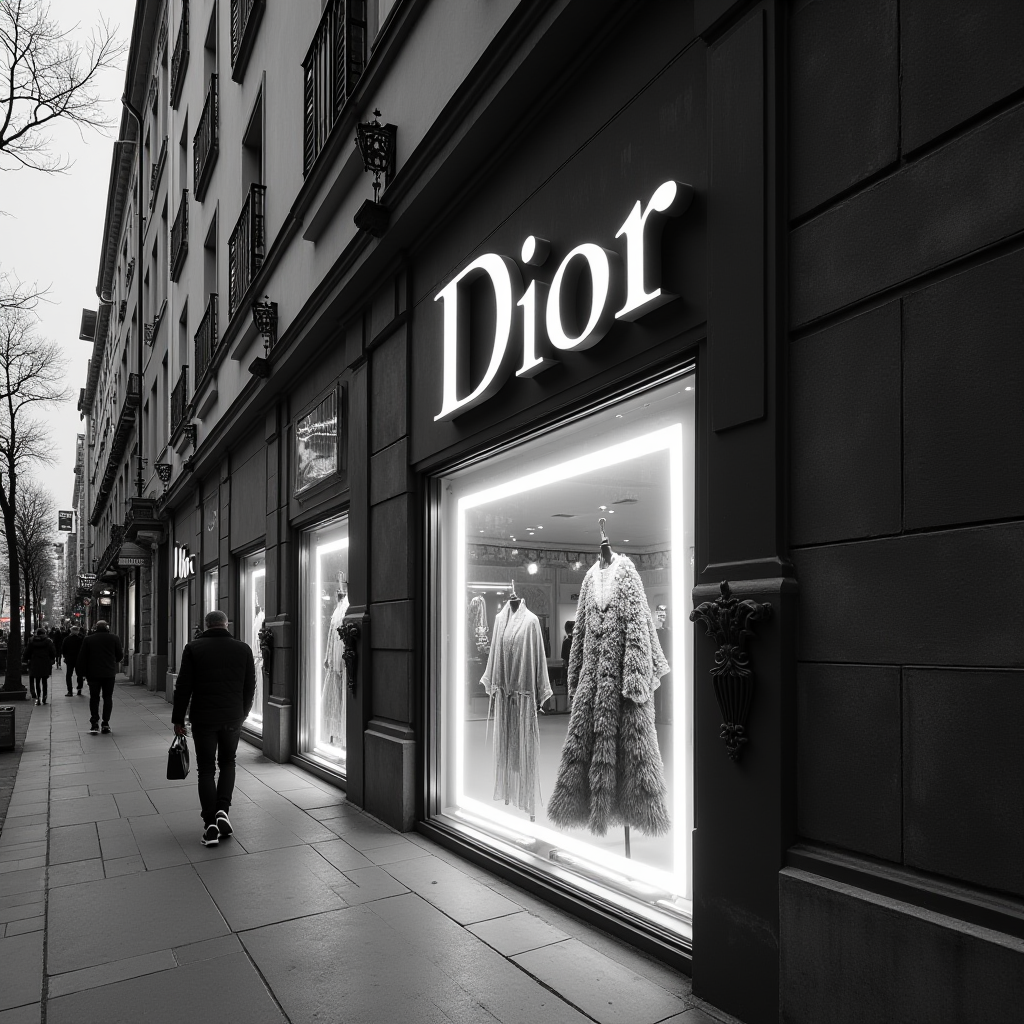 A stylish fashion store window displays elegant clothing under the brand logo 'Dior' on a city street.