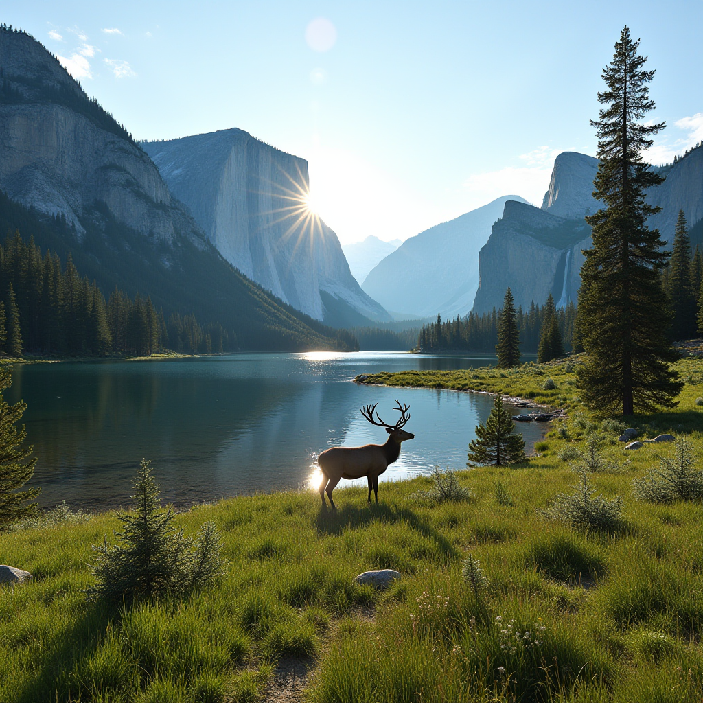 A scenic landscape with a deer by a tranquil lake and sunlit mountains in the background.