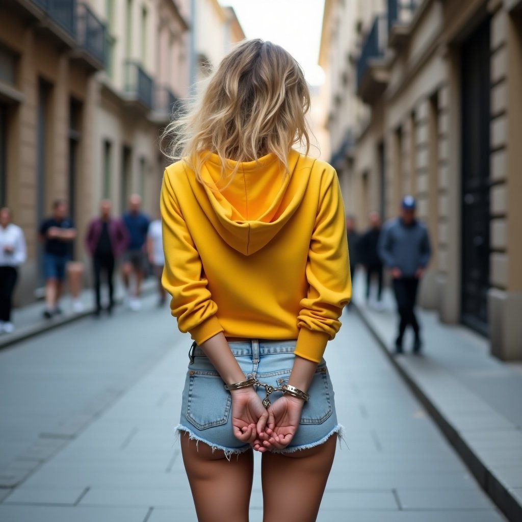 A beautiful woman stands in a city street, looking back at the camera. She wears a bright yellow hooded sweatshirt and low-rise shorts. Her medium-length messy blonde hair flows as she poses. The scene captures her slim figure and long legs, with her hands behind her back, secured in metal handcuffs, creating a contrast of cute sensuality and a sad expression. The urban backdrop is lively, adding vibrancy to the photo. Her white shoes complement the outfit and the overall look.