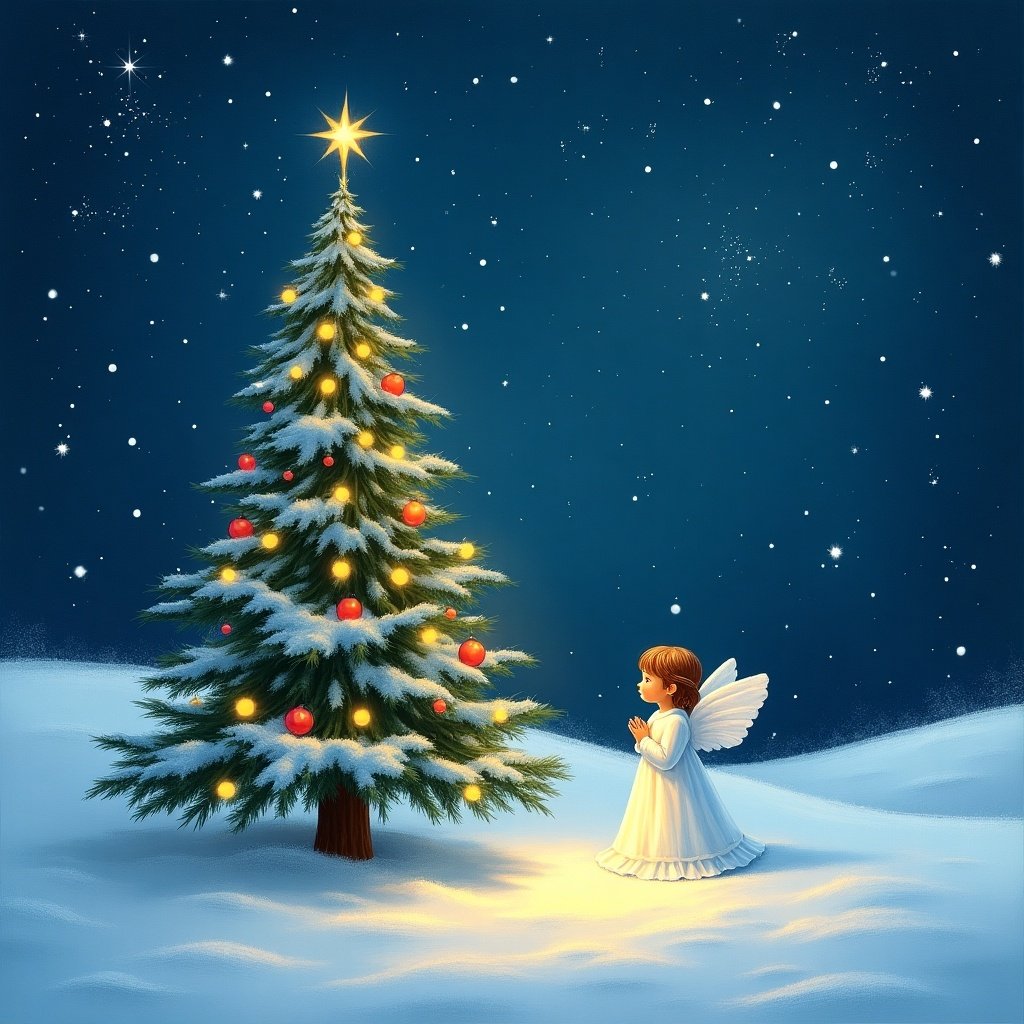 A peaceful winter scene depicting a young angelic child in a white robe, with wings, standing in front of a beautifully decorated Christmas tree. The tree is adorned with colorful ornaments and bright lights, topped with a shining star. Snow blankets the ground, creating a serene ambiance. The child is shown in a prayerful position, evoking a sense of innocence and reverence. The night sky is filled with soft stars, adding to the magic of the scene. This image captures the warmth and joy of the Christmas spirit, reflecting memories of loved ones.