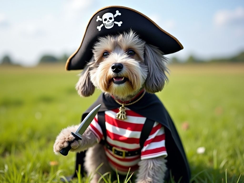 A dog dressed as a pirate is standing on a grassy field. The dog has a fluffy, gray coat and wears a pirate hat adorned with a skull and crossbones. Its outfit features a striped red and white shirt with a black cape and a black belt. The dog is playfully holding a toy knife, showing off its pirate spirit. In the background, there is a vibrant grassy field under a clear sky, enhancing the playful scene.