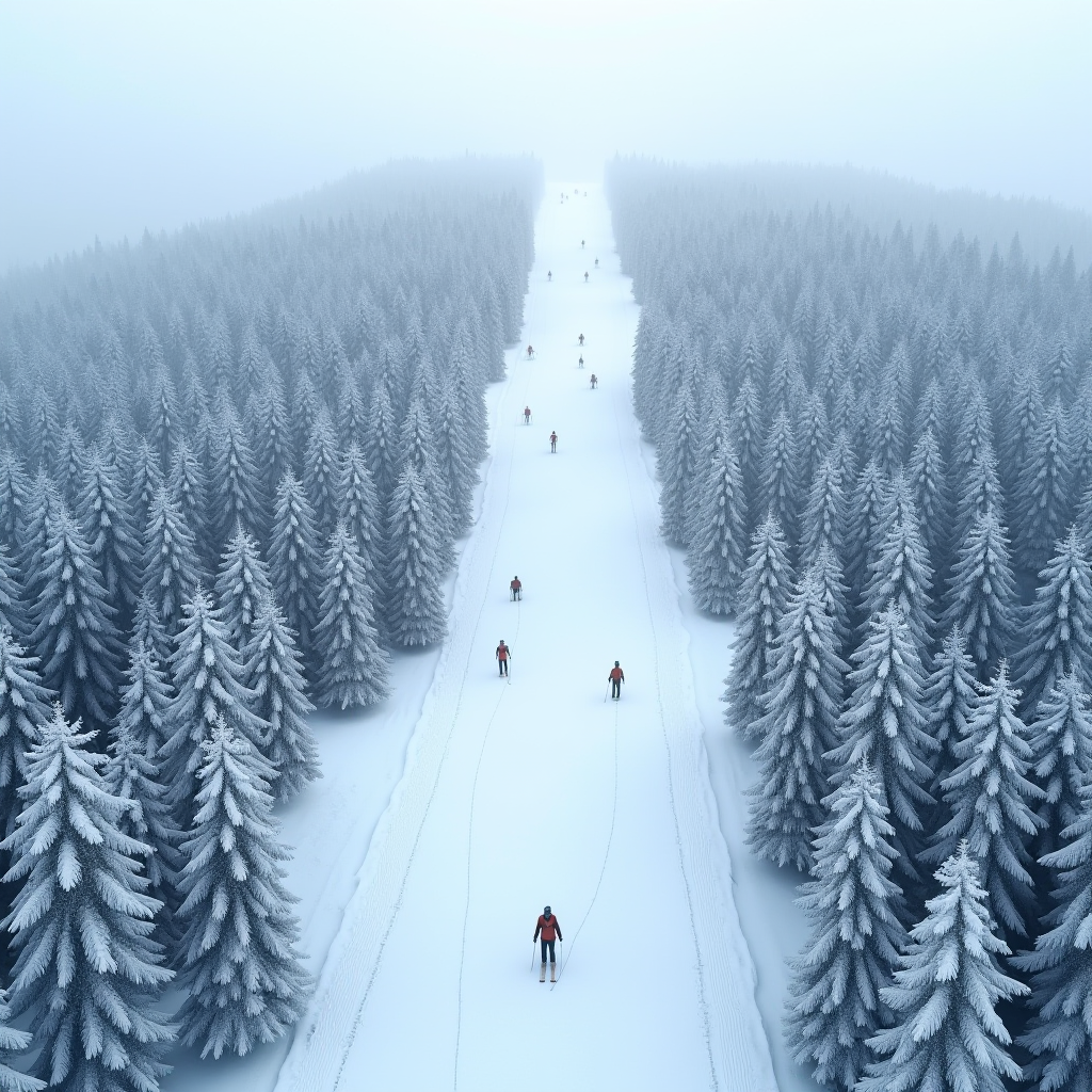 Skiers glide down a snow-covered path through a dense forest of frosted trees.