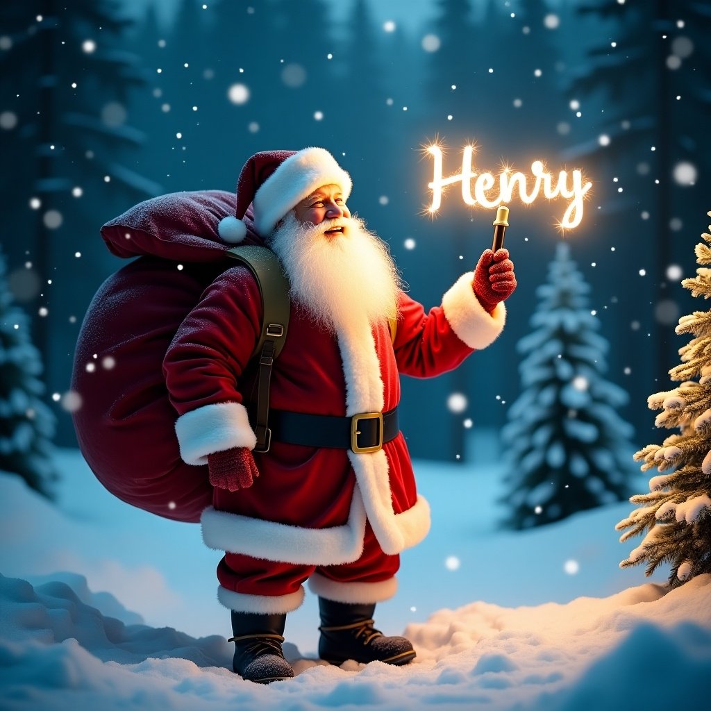 The image features a cheerful Santa Claus standing in a snowy landscape. He has a large red sack slung over his shoulder and is holding a sparkly wand. Santa is dressed in his traditional red and white outfit, complete with a belt and boots. Behind him, the night sky is illuminated with twinkling stars. Pine trees dot the snowy ground, encapsulating a festive winter atmosphere. This enchanting image captures Santa Claus in a snowy forest during Christmas time, joyfully using a glow stick to write the name 'Henry' in the air, with soft falling snowflakes creating a magical atmosphere, and warm lights from nearby trees adding to the festive spirit.