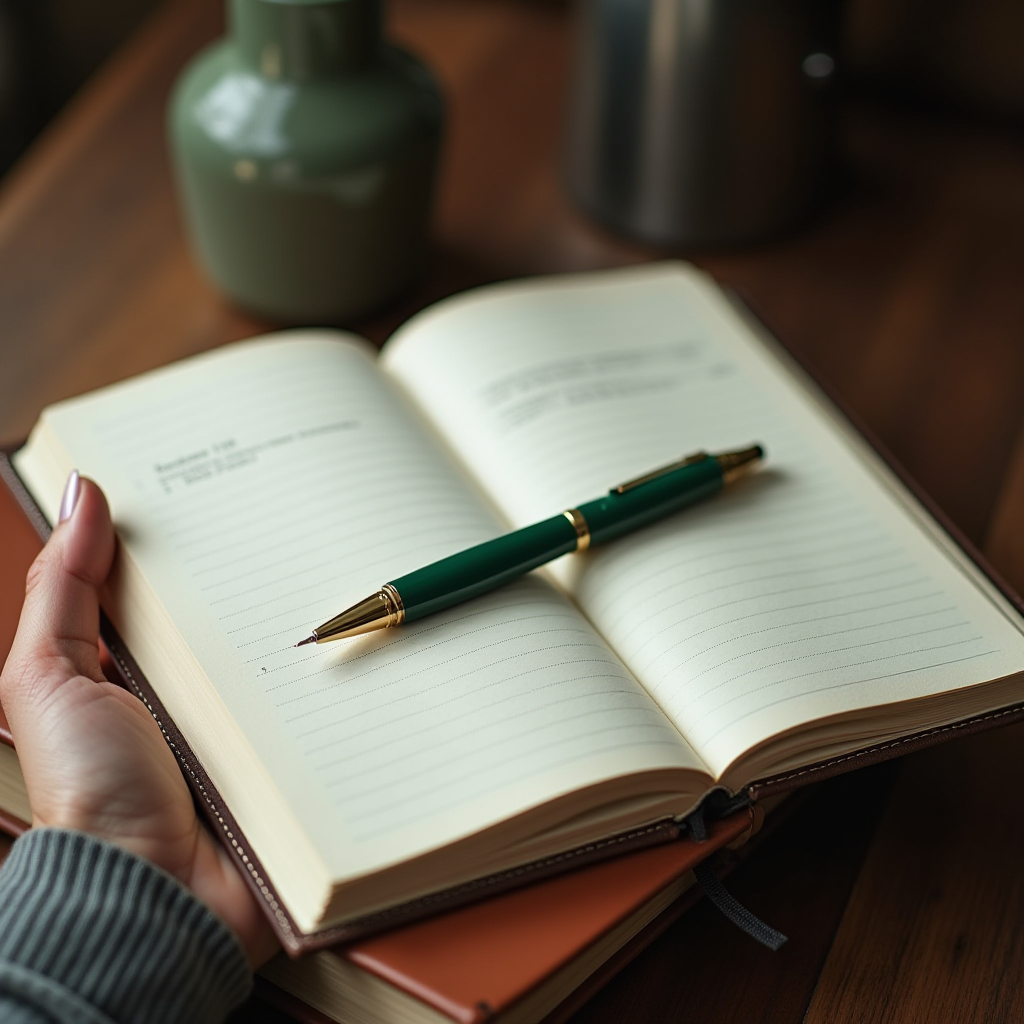 A person holds an open, lined notebook with a green and gold pen resting on its pages, set on a wooden surface with a blurred warm background.