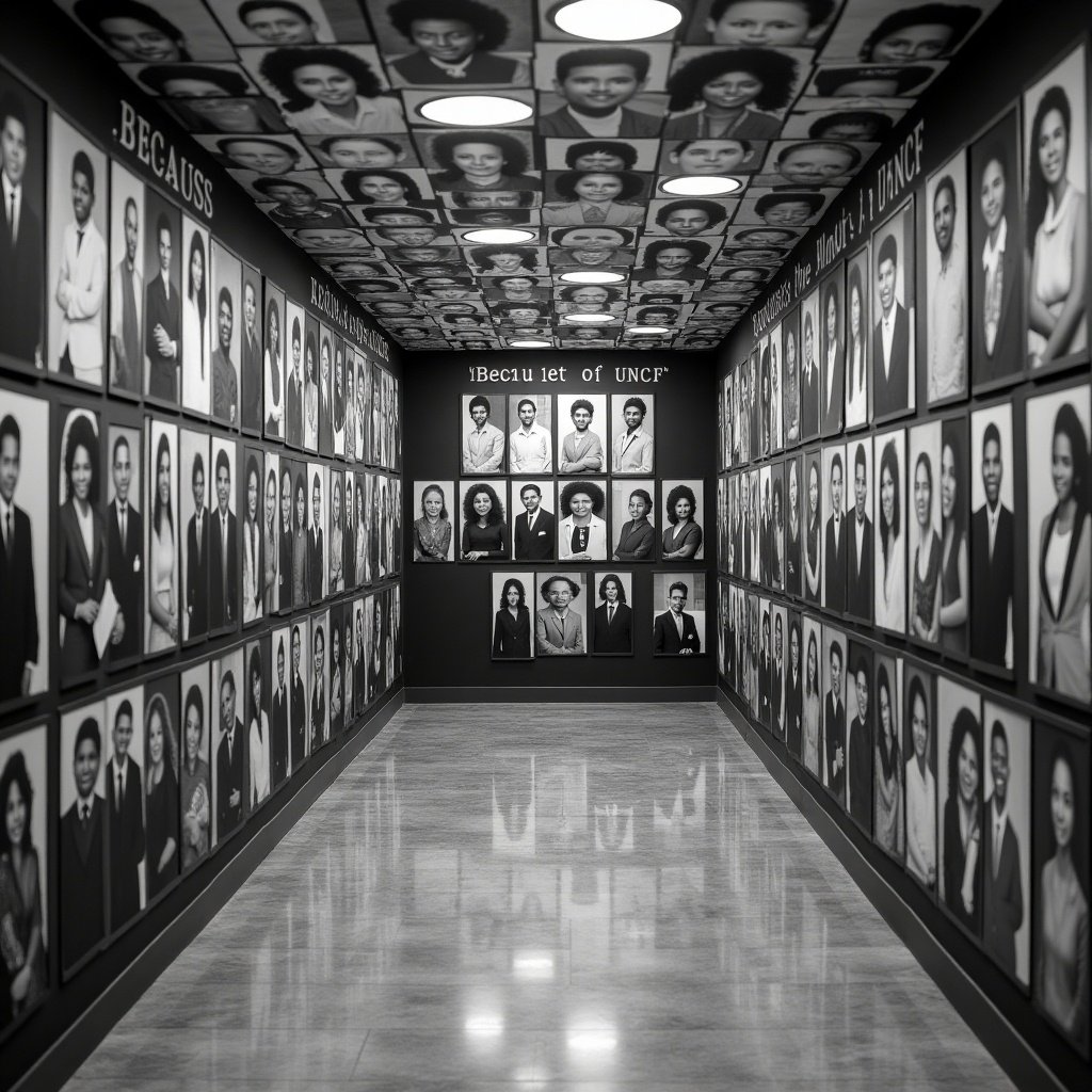 The image presents a striking hallway with draped black and white walls, lined with floor-to-ceiling portraits of African American graduates. Each photograph features the caption 'Because of UNCF,' highlighting the impact of the United Negro College Fund. The entire scene is captured in black and white, creating a powerful and cohesive visual narrative. The hallway reflects a celebration of achievement and educational success. The portraits are arranged systematically, creating a sense of pride and unity among the graduates.