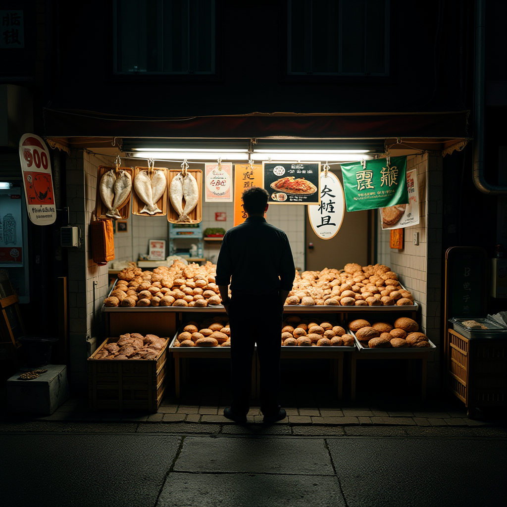 A man stands silhouetted in front of a well-lit street market stall filled with bread and hanging fish.