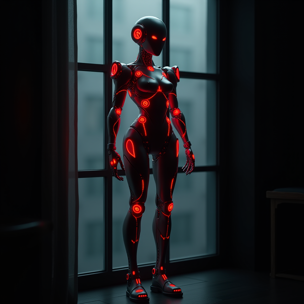 A sleek, humanoid robot with glowing red accents stands by a window in a dimly lit room.