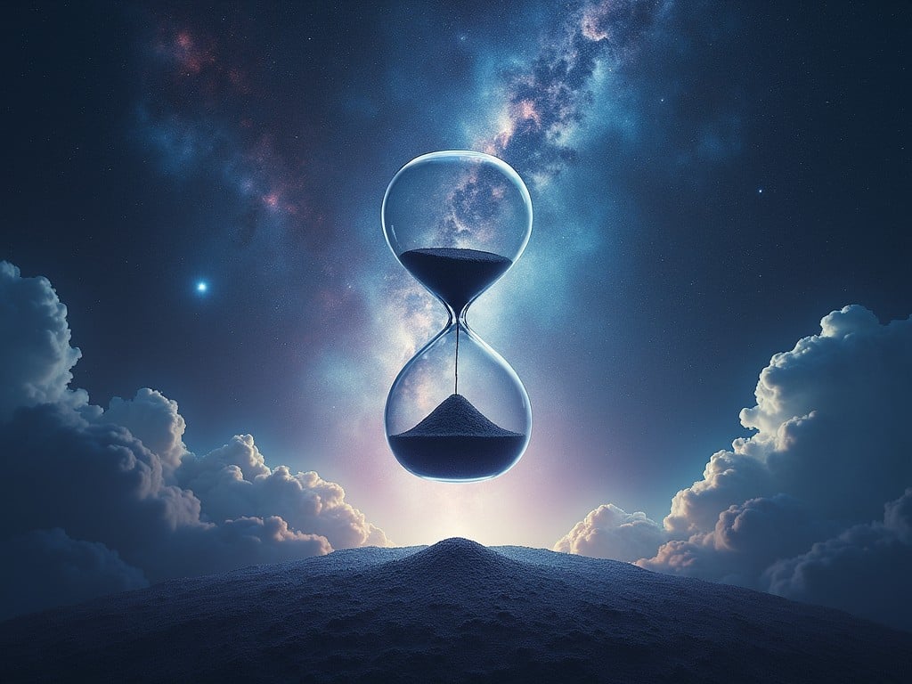 A mesmerizing scene with an hourglass floating above a surreal landscape of clouds and cosmic backgrounds. The sky is adorned with a vivid display of stars and a nebula, creating an ethereal ambiance. The focus is on the hourglass as it stands out against the cosmic wonder, symbolizing the passage of time amidst the vast universe.