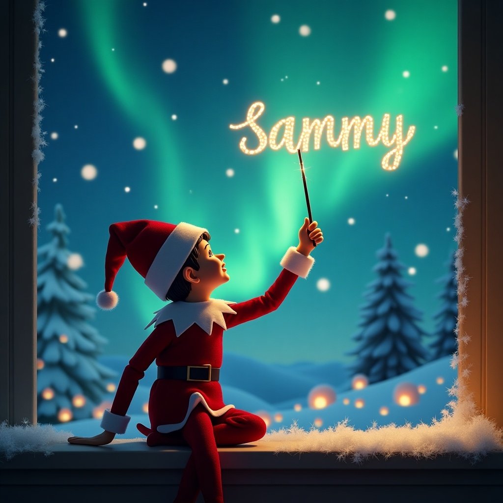 An elf on the shelf sits in a cozy window, looking up towards the sky. The elf is wearing a classic red outfit and a festive hat. With a magical wand, the elf is writing the name 'Sammy' in sparkles in the sky. Outside the window is a beautiful winter scene with vibrant northern lights and snowy trees. The atmosphere is enchanting and festive, celebrating the joy of Christmas. The elf's back is facing the viewer, adding a sense of wonder to the scene.