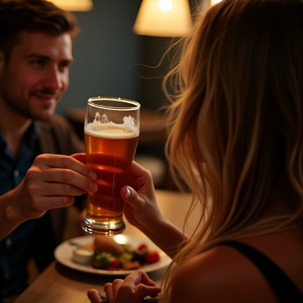 The image captures a cozy date night scene featuring only the woman's hand and hair, as she holds up a glass of amber beer for a toast. The focus is on the beer, emphasizing its rich color and frothy top. A beautiful plate of food sits in front of her, hinting at a shared meal. The gentle, warm lighting creates an inviting atmosphere, perfect for intimate conversations. The man taking the photo is not visible, adding a touch of mystery to the moment.