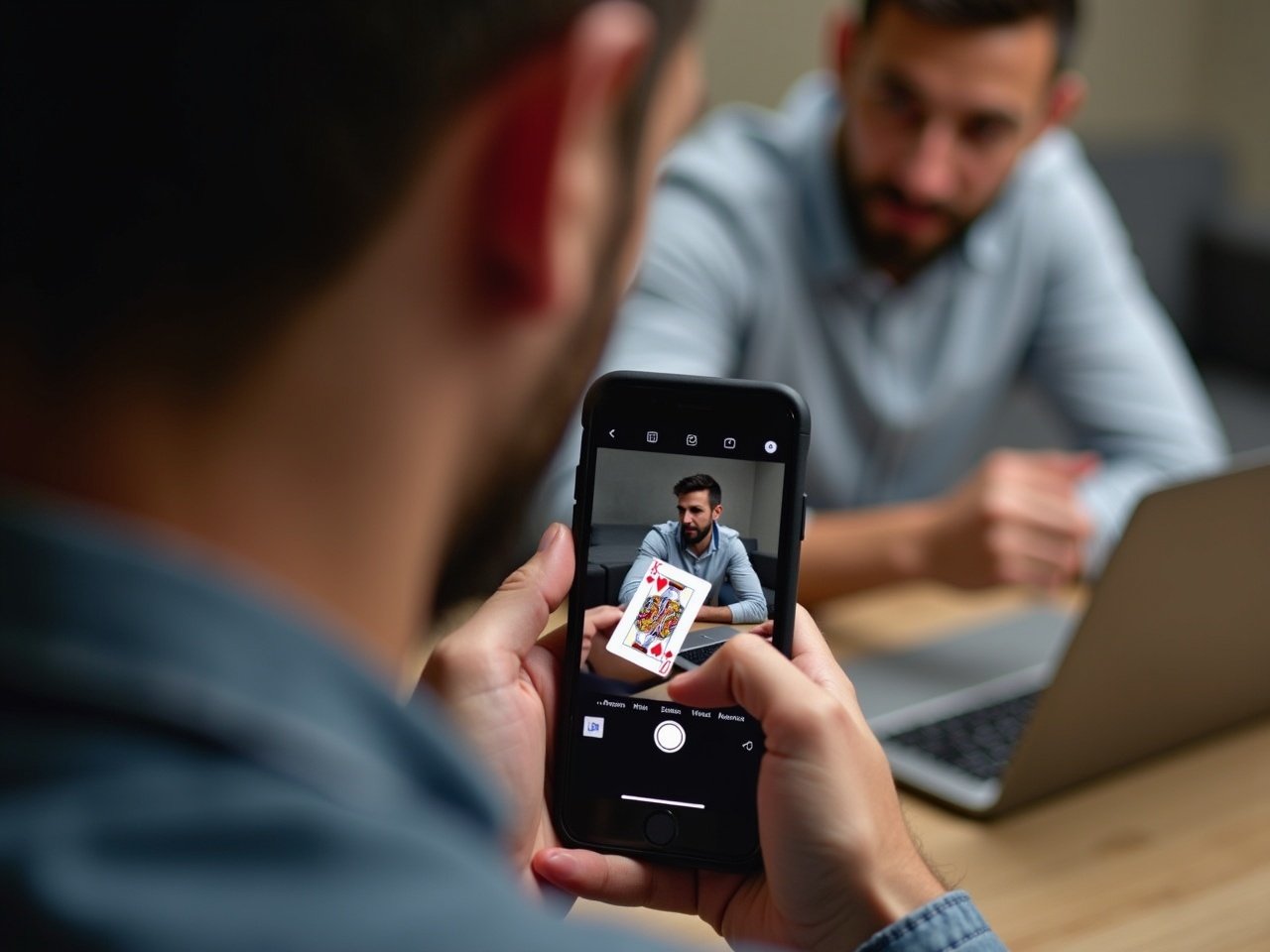 In a cozy indoor setting, a focused man is taking a photo of another man holding up a playing card with his smartphone. The image captures the expression on the second man's face as he showcases the card, hinting at an engaging game or trick. The first man, slightly blurred, is intent on framing the shot perfectly. In the background, there is a sleek laptop, suggesting a casual yet tech-savvy environment. The lighting is soft, contributing to a relaxed vibe while highlighting the card as the main subject.