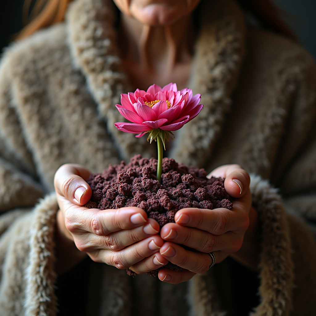 A person holds a vibrant pink flower growing from a handful of soil.