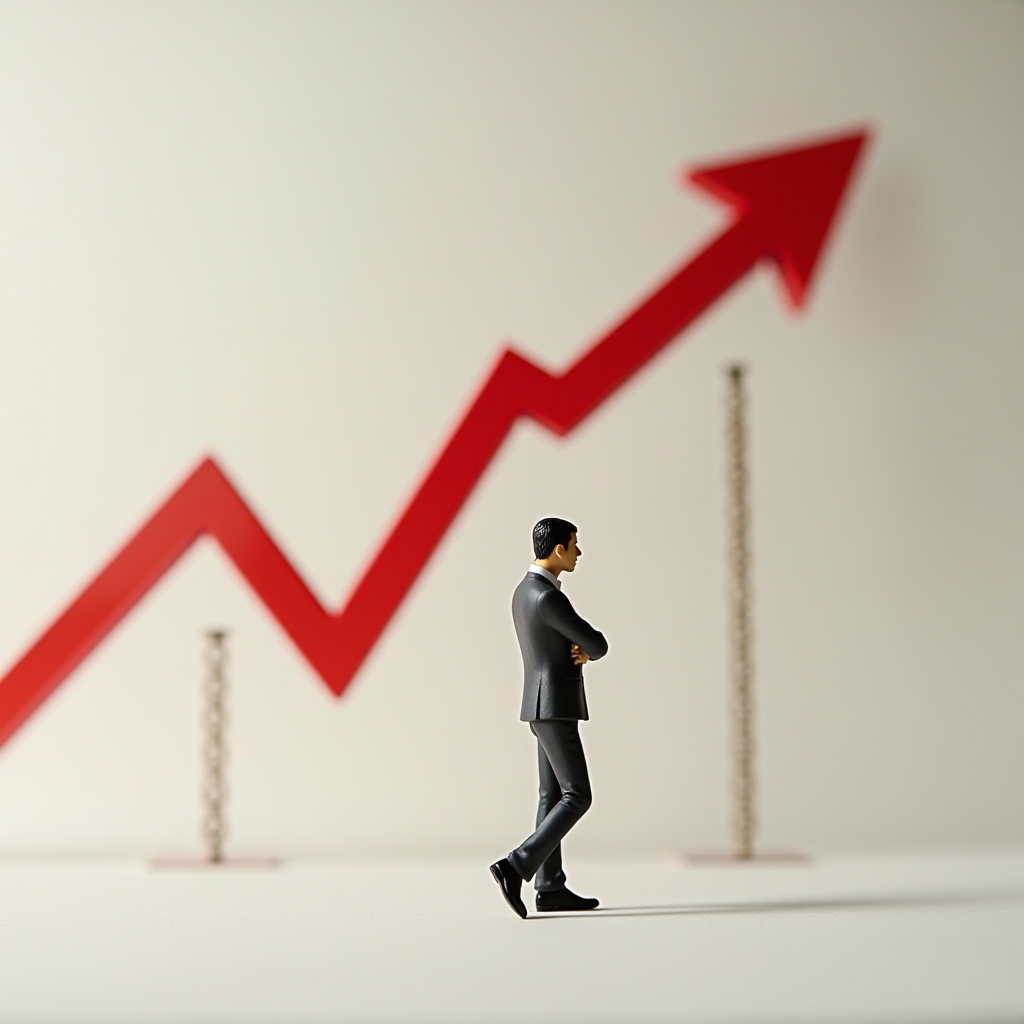 A businessman walks contemplatively in front of a rising red graph arrow symbolizing growth.