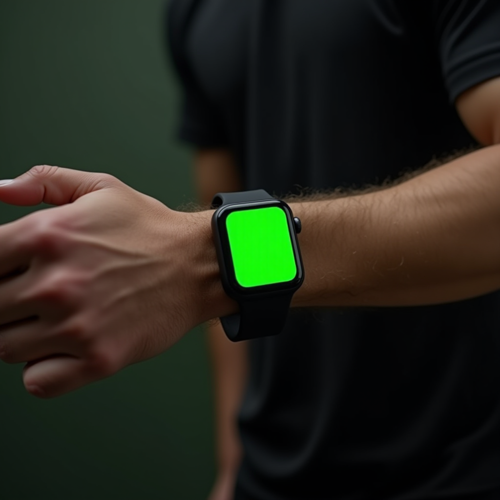 A person wearing a smartwatch with a bright green screen.