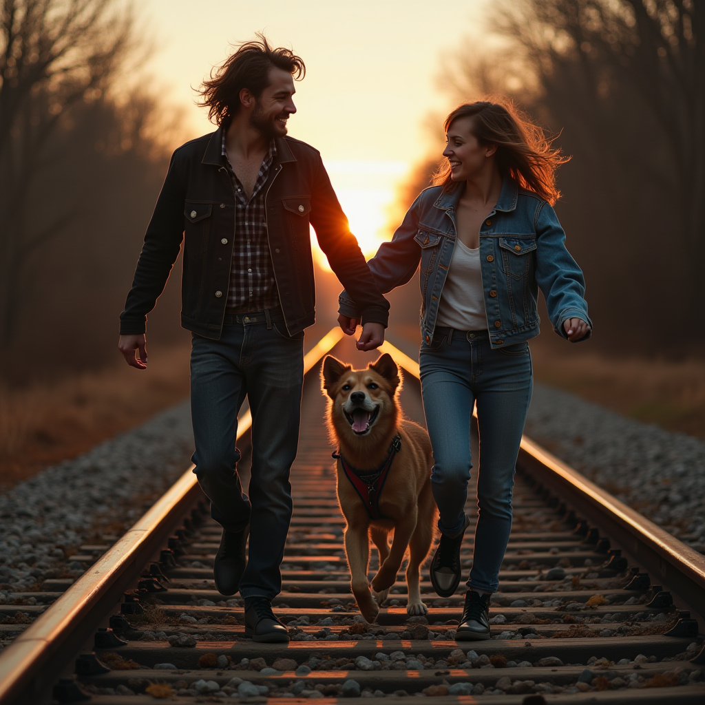 A couple joyfully walks a dog along train tracks during a vibrant sunset.