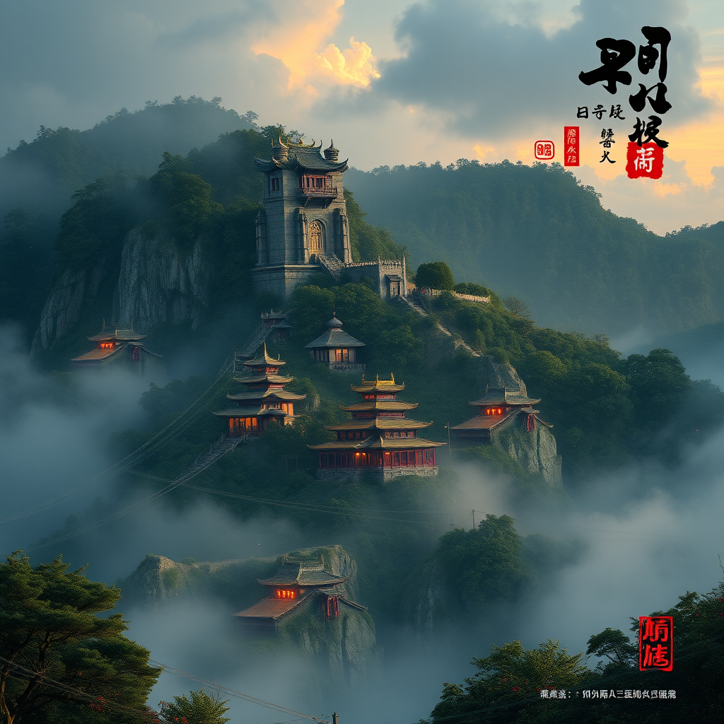 A mystical temple complex perched on a misty mountain, evoking a serene and otherworldly atmosphere.